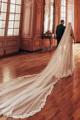 Long Sleeve V-Neck Lace A-Line Stain Wedding Dresses with Ruffles-misshow.com