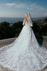 Long Sleeves Sweetheart A-Line Princess Wedding Dress with Lace