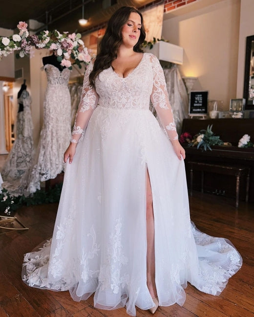 Long Sleeves V-Neck Plus Size Chiffon Wedding Dress