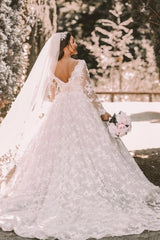 Long sleeves Lace round neck Ball gown Wedding Dress