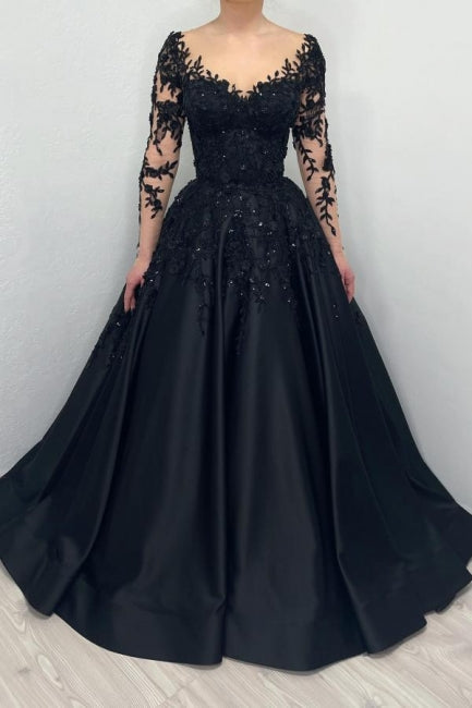 Long sleeves Sweetheart Black Princess Ball gown Evening Dress