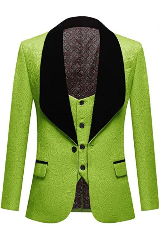 Lou Stylish Emerald Three-Piece Jacquard Wedding Attire With Black Velvet Shawl Collar