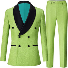 Louis Modern Green Double Breasted Jacquard Groom's Suit With Black Velvet Collar