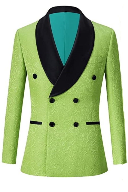 Louis Modern Green Double Breasted Jacquard Groom's Suit With Black Velvet Collar