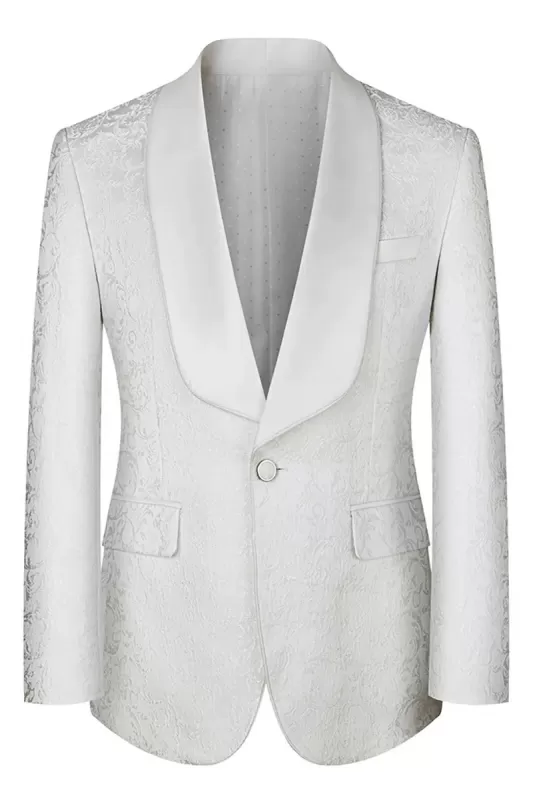 Louis Polished White Shawl Lapel Three-Piece Jacquard Prom Suit