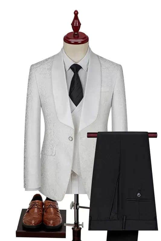 Louis Polished White Shawl Lapel Three-Piece Jacquard Prom Suit