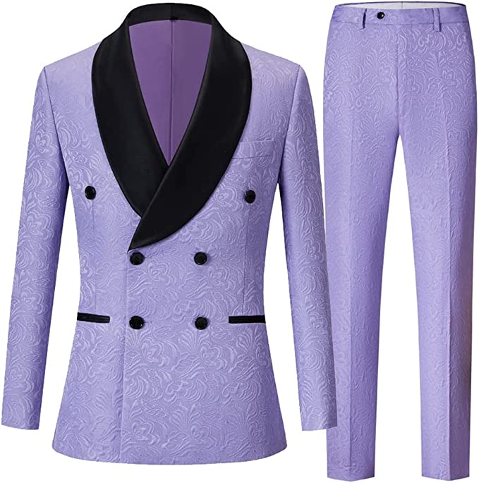 Lucas Fashionable Purple Double Breasted Jacquard Groom's Suit With Black Velvet Collar