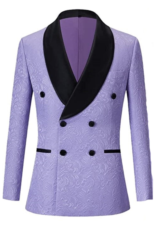 Lucas Fashionable Purple Double Breasted Jacquard Groom's Suit With Black Velvet Collar