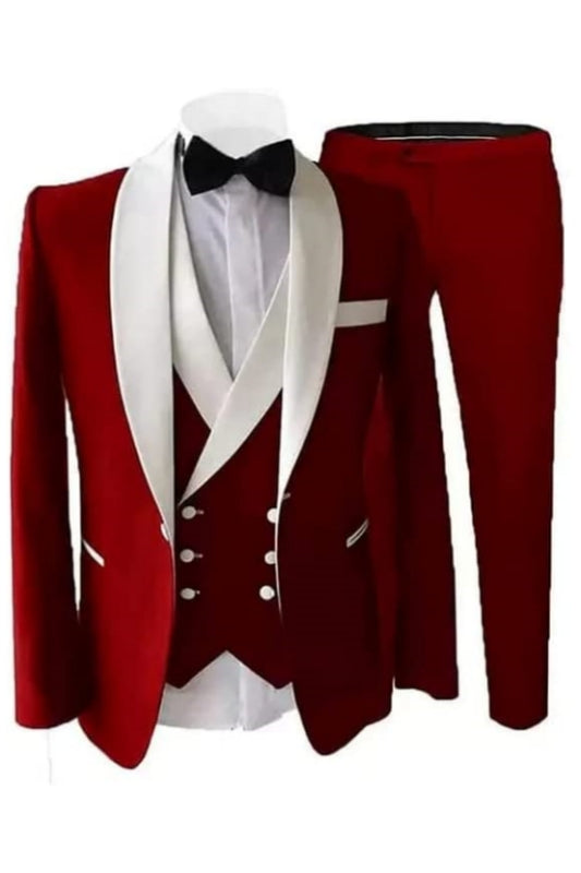 Luther Stylish Crimson Shawl Collar Three-Piece Groom's Ensemble