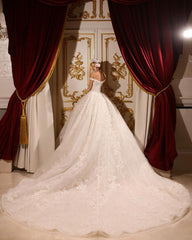 Luxurious A-line Long Off-the-shoulder Appliques Beading Wedding Dress With Train