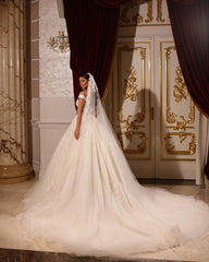 Luxurious Long A-line Off-the-shoulder Lace Beading Wedding Dress