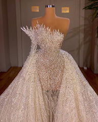 Luxurious Long White A-line Beading One Shoulder Weeding Dress With Sleeve-misshow.com