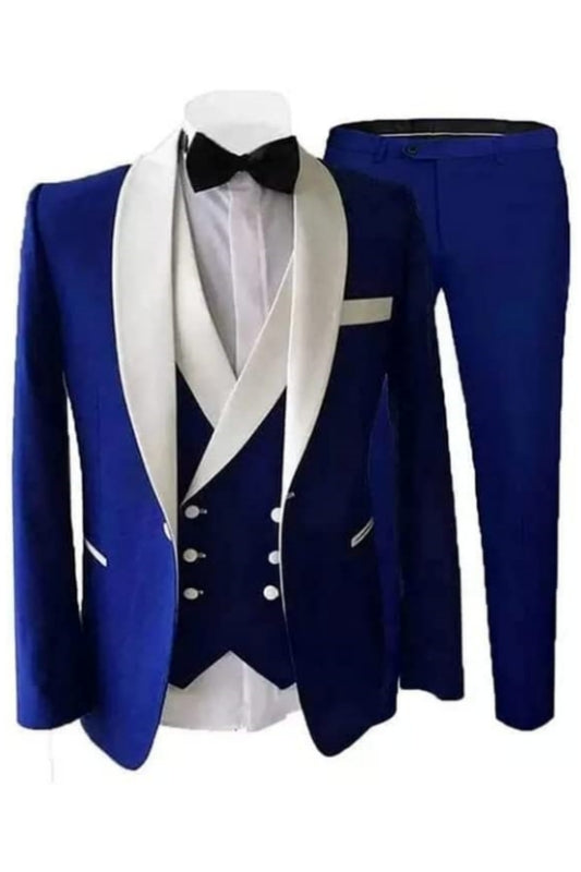 Lyle Elegant Royal Blue Shawl Collar Three-Piece Groom's Wedding Ensemble