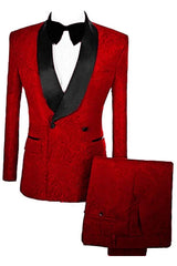 Lyndon Custom Red Double Breasted Jacquard Groom's Suit With Velvet Lapel