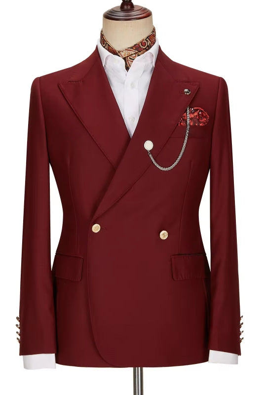 Lynn Attractive Burgundy Peak Lapel Double Breasted Prom Suit