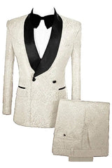 Lynn Off-White Double Breasted Jacquard Elegant Groom's Suit With Velvet Lapel