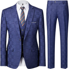 Macy Bespoke Royal Blue Notched Lapel Three-Piece Plaid Business Suit