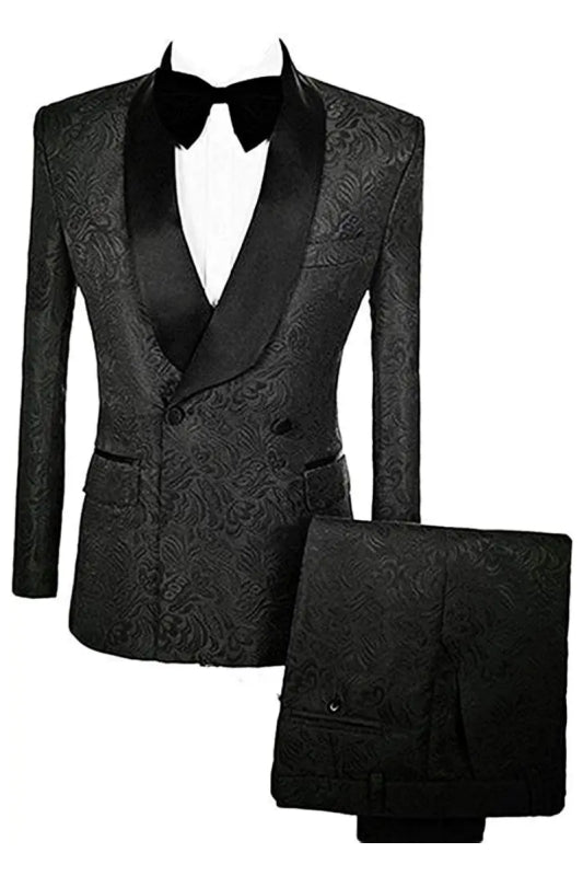 Madison Formal Black Double Breasted Jacquard Groom's Suit With Velvet Lapel