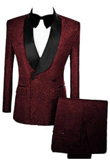 Magee Fancy Burgundy Double Breasted Jacquard Groom's Suit With Velvet Lapel