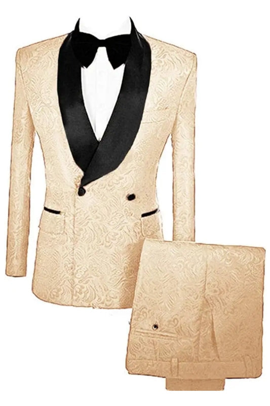 Maggie Stylish Champagne Double Breasted Jacquard Groom's Suit With Velvet Lapel