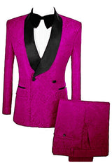 Malcolm Fuchsia Double Breasted Jacquard Close-Fitting Groom's Suit With Velvet Lapel