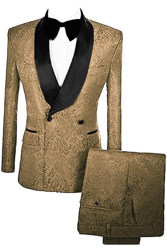 Mandel Luxurious Deep Gold Velvet Lapel Double-Breasted Jacquard Groom's Suit