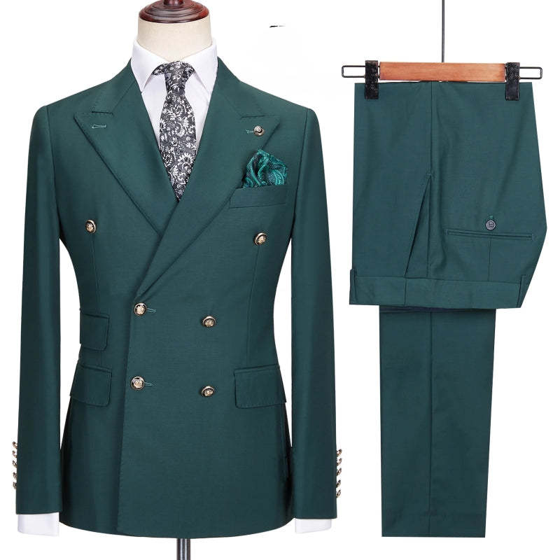 Mann Sophisticated Dark Green Peak Lapel Double Breasted Prom Suit