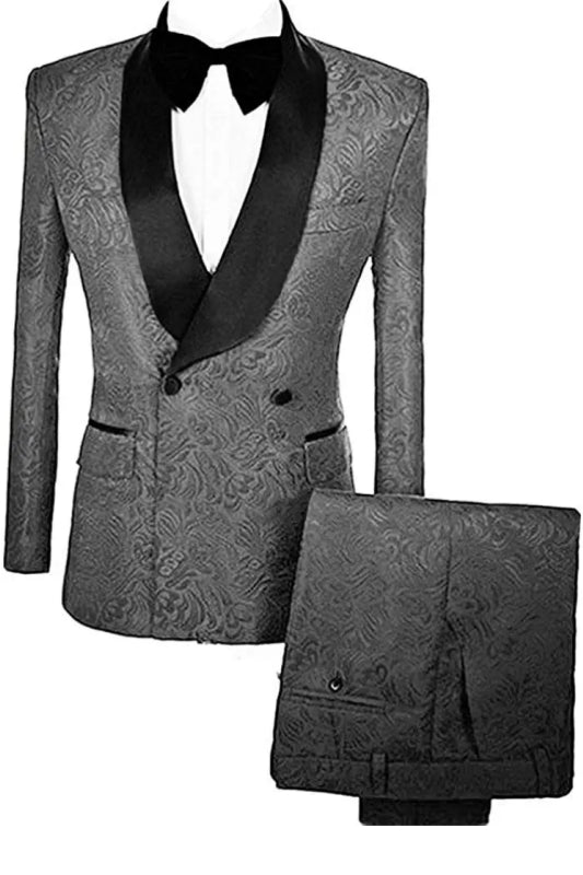 Marcus Minimalist Grey Double Breasted Jacquard Groom's Suit with Velvet Lapel