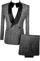 Marcus Minimalist Grey Double Breasted Jacquard Groom's Suit with Velvet Lapel