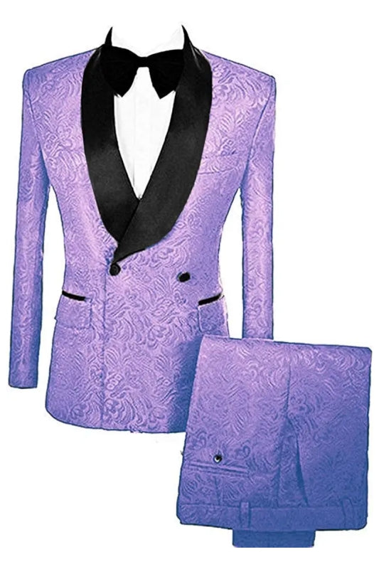 Marico Latest Lavender Double Breasted Jacquard Groom's Suit With Velvet Lapel