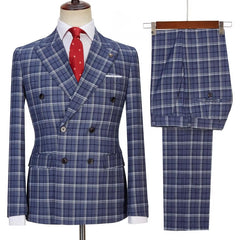 Marico Latest Navy Peak Lapel Double Breasted Plaid Business Suit