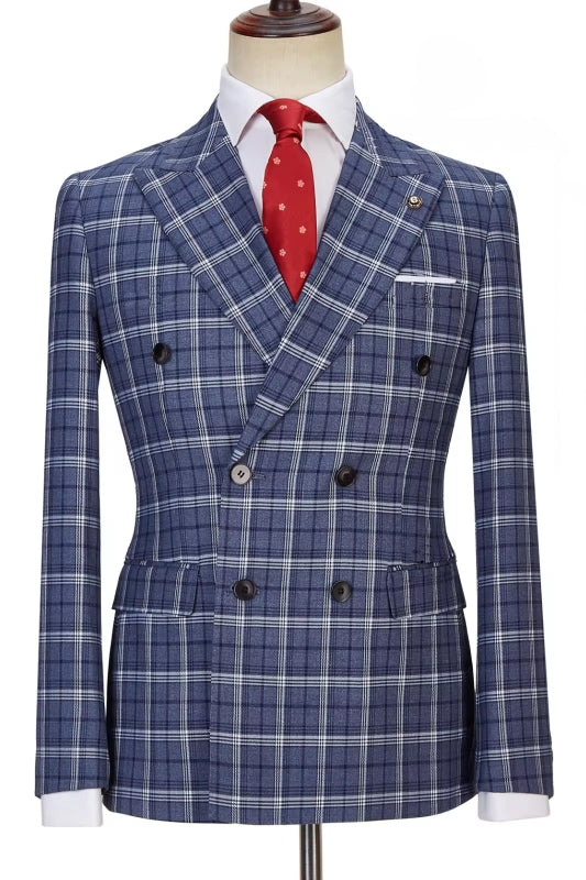 Marico Latest Navy Peak Lapel Double Breasted Plaid Business Suit