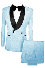 Mark Sky Blue Double Breasted Jacquard Latest Wedding Ensemble With Velvet Lapel