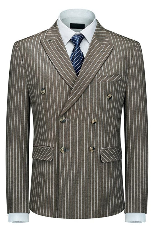 Mark Stylish Coffee Double Breasted Peak Lapel Striped Business Suit for Men