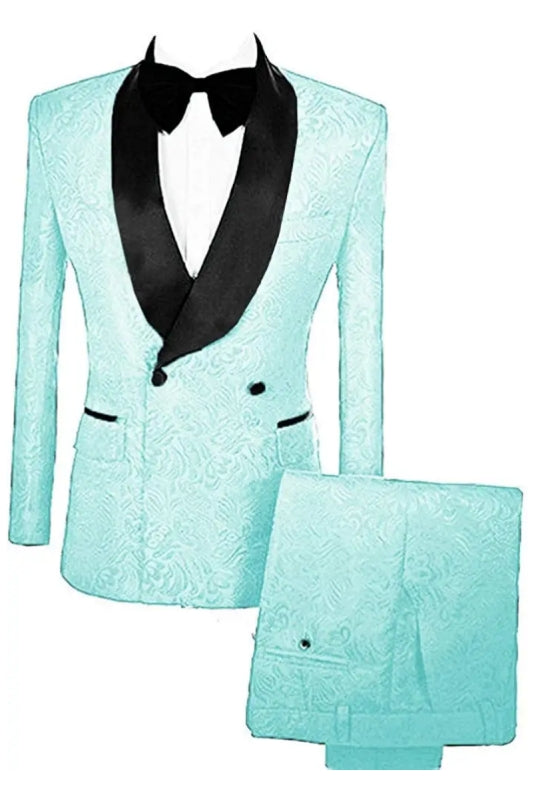 Marlon Chic Mint Double Breasted Jacquard Groom's Suit With Velvet Lapel