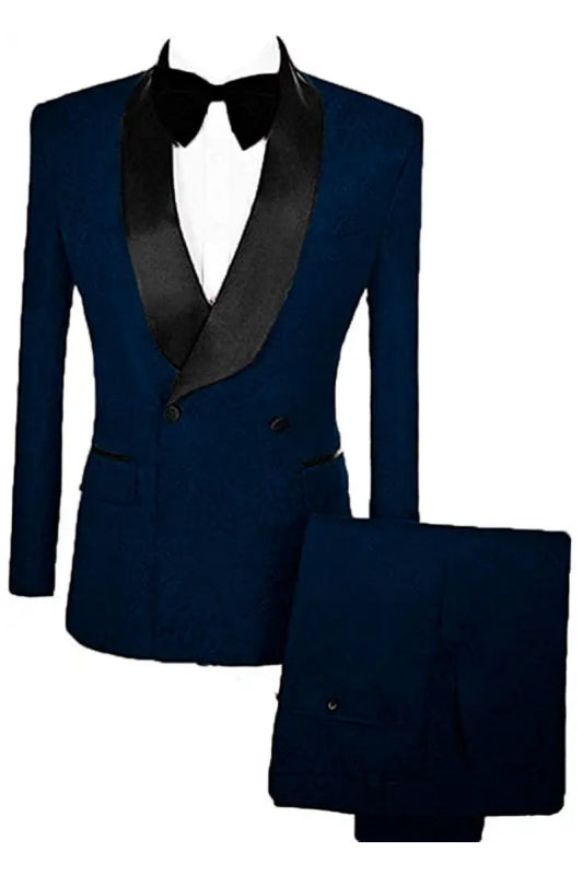 Marsh Navy Blue Double Breasted Jacquard Slim Fit Groom's Suit With Velvet Lapel