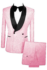 Marshall Rose Pink Double Breasted Jacquard Custom Wedding Attire With Velvet Lapel