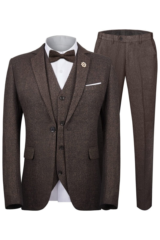 Martin Dapper Coffee Notched Lapel Three-Piece Business Suit