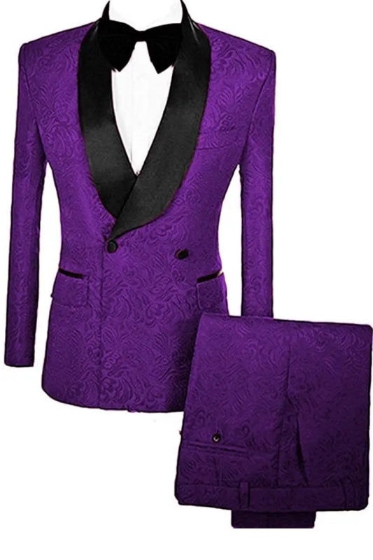 Martin Fashionable Purple Double Breasted Jacquard Groom's Suit with Velvet Lapel