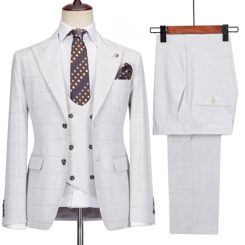 Martin Simple Light Gray Peak Lapel Three-Piece Plaid Prom Suit