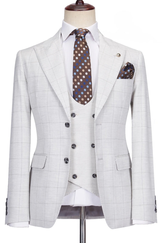 Martin Simple Light Gray Peak Lapel Three-Piece Plaid Prom Suit