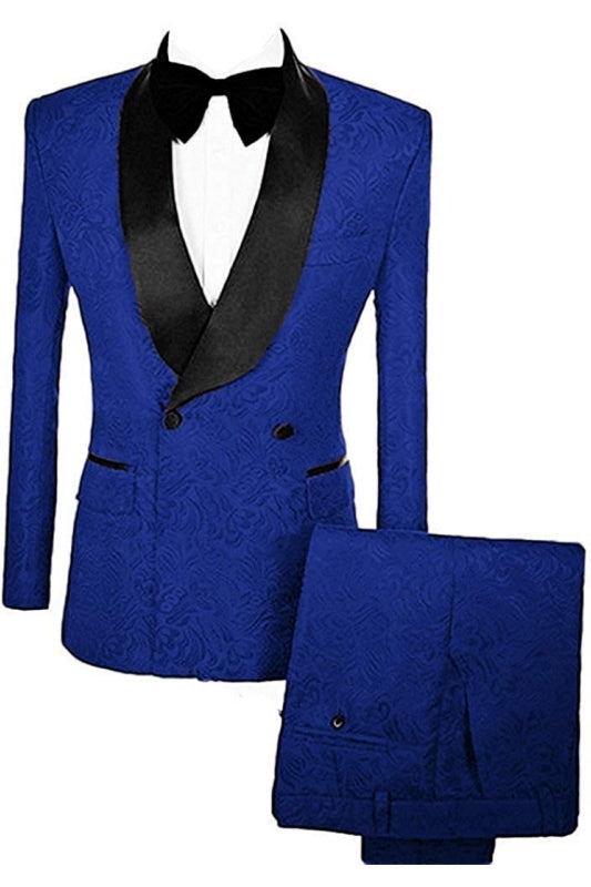 Marvin Royal Blue Double Breasted Jacquard Close-Fitting Groom's Suit With Velvet Lapel