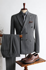 Mason New Arrival Gray Striped Peak Lapel Double Breasted Business Men’s Suits