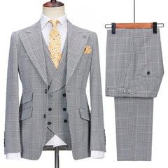 Matt Classic Black Peak Lapel Three-Piece Plaid Business Suit