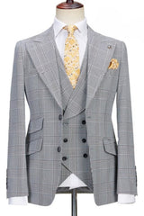 Matt Classic Black Peak Lapel Three-Piece Plaid Business Suit