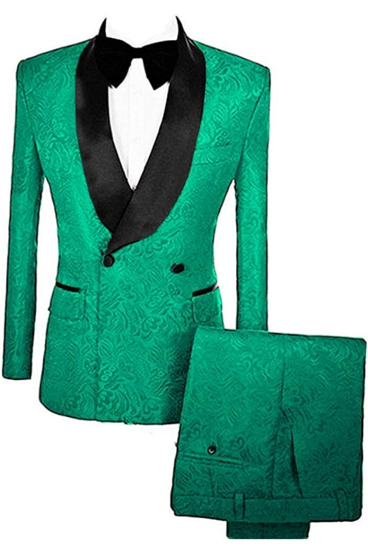 Matt Trendy Turquoise Double Breasted Jacquard Groom's Suit With Velvet Lapel