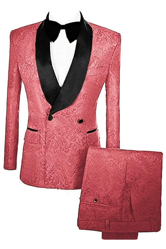 Matthew Opulent Coral Double Breasted Jacquard Groom's Suit With Velvet Lapel