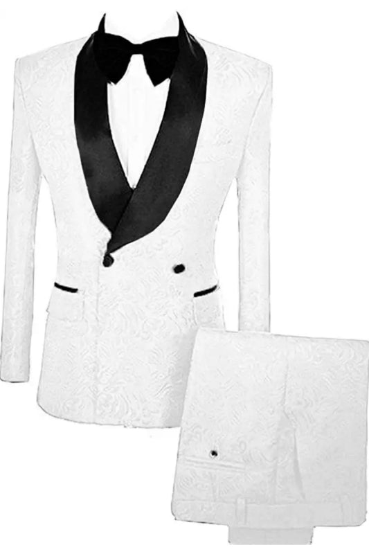 Maurice Elegant White Double-Breasted Velvet Jacquard Groom Suit