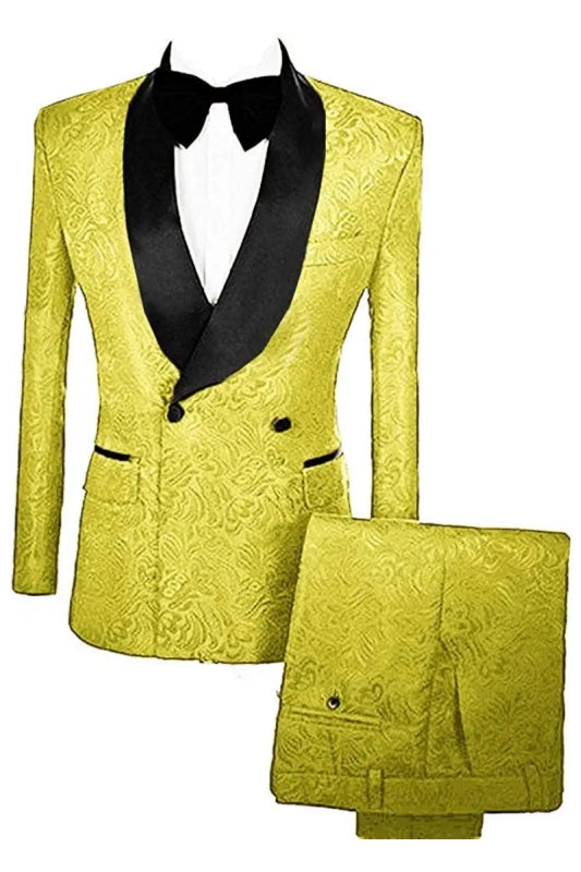 Max Latest Mustard Double Breasted Jacquard Groom's Suit With Velvet Lapel