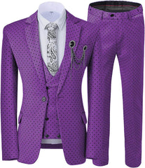 Maximilian Latest Arrival Plum Notched Lapel Three-Piece Polka Dot Prom Attire for Men